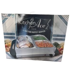 3 Section Buffet Server Warmer Kitchen Ace 14” X 14” w/ Lids Brand New